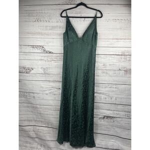 Jenny Yoo Collection Dress Women's 14 Green Jacquard Satin Slip Maxi Formal Gown